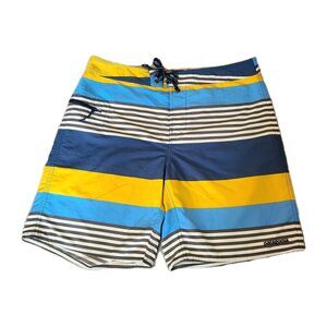 Patagonia Shorts Men Sz 34 Yurt Yellow Stripe Wavefarer Board Swim Trunks Pocket